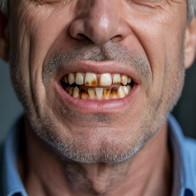 Zniszczone, pożółkłe i zepsute zęby mężczyzny