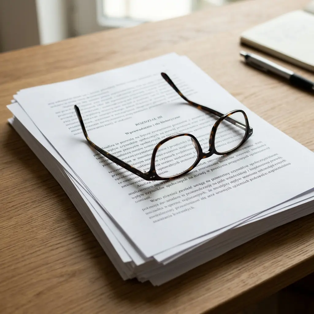 Rozłożone okulary leżą na stosie zadrukowanych kartek A4